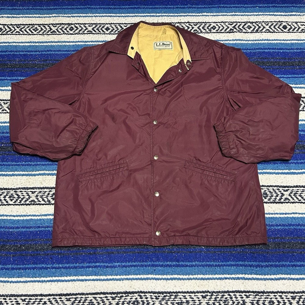 Vintage LL Bean Coach Jacket Windbreaker L Burgundy Chamois USA Snap Chinstrap
